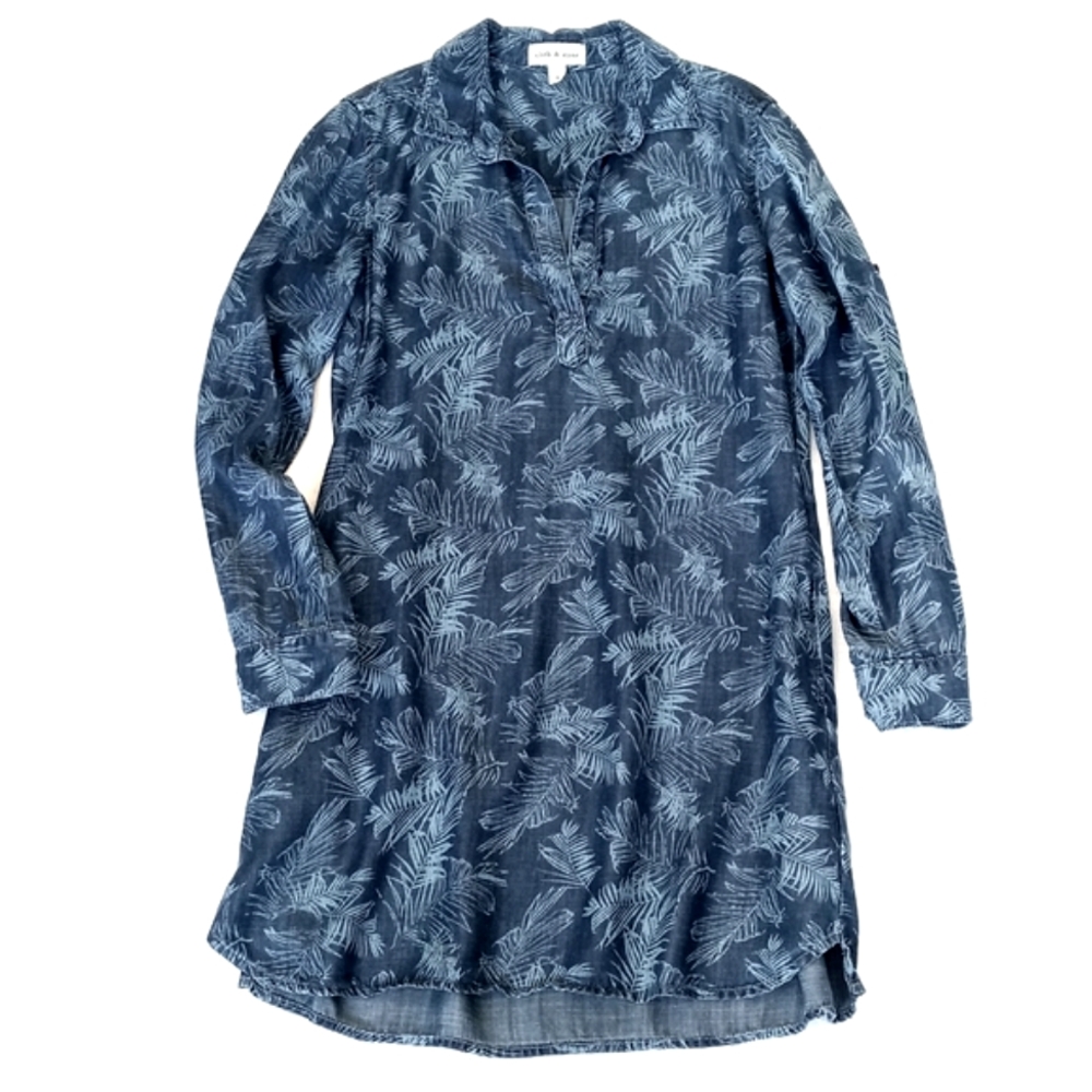 Cloth & Stone Women’s Blue Denim Leaf Long Sleeve Tunic Shirt Dress Tencel S